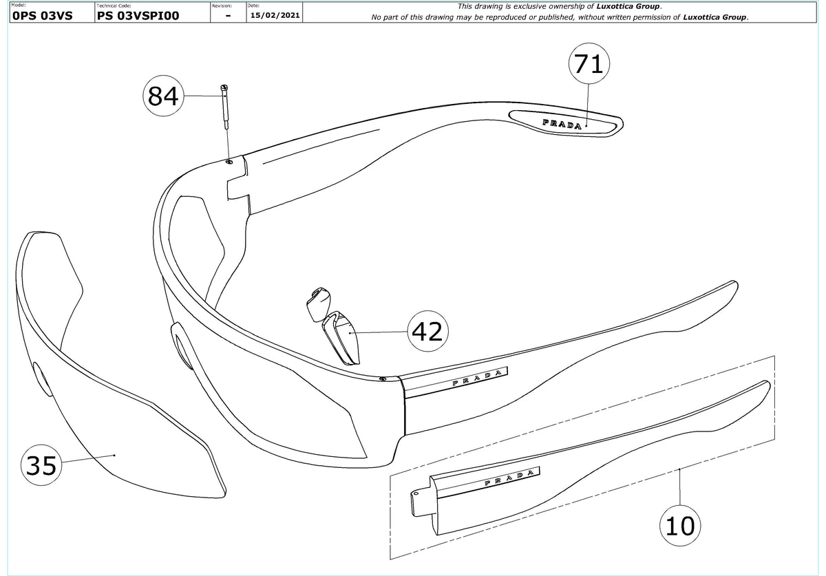 Exploded technical drawing of the Prada Linea Rossa PS 03VS Replacement Parts, with each replacement part numbered