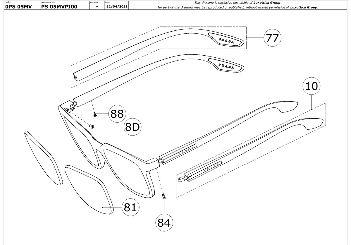 Exploded technical drawing of the Prada Linea Rossa PS 05MV Glasses Replacement Parts, with each replacement part numbered