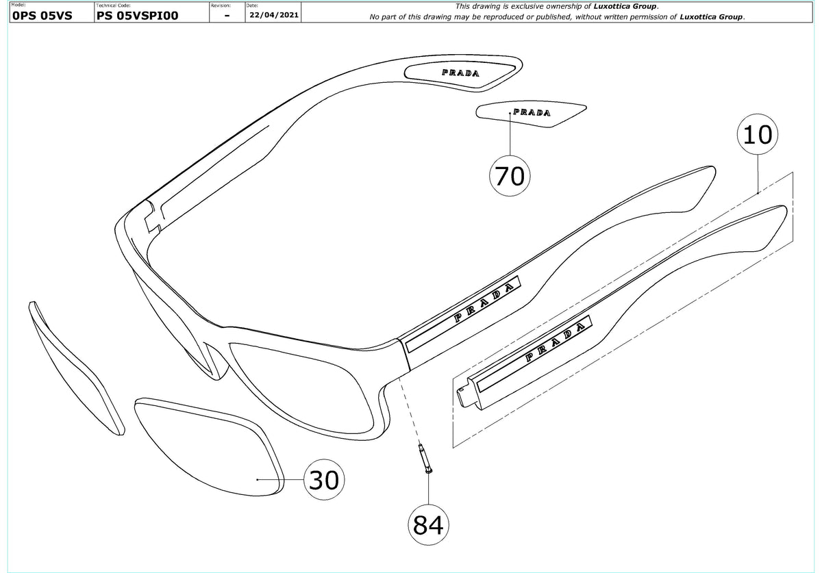 Enlarged technical drawing of the Prada Linea Rossa PS 05VS Replacement Parts