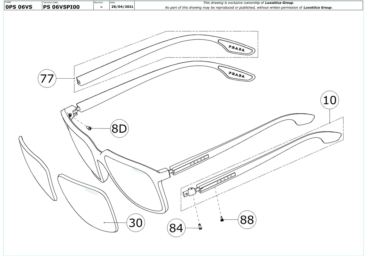 Enlarged technical drawing of the Prada Linea Rossa PS 06VS Replacement Parts