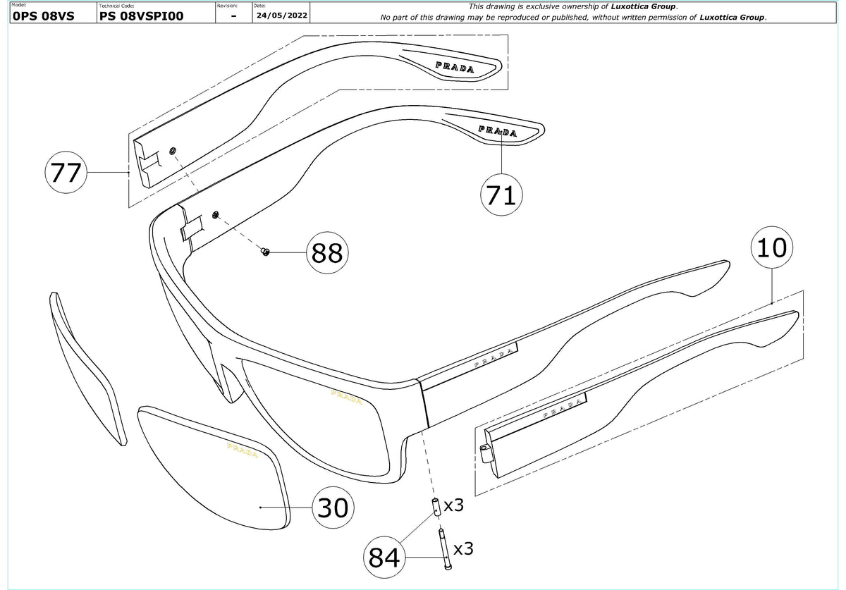 Enlarged technical drawing of the Prada Linea Rossa PS 08VS Replacement Parts