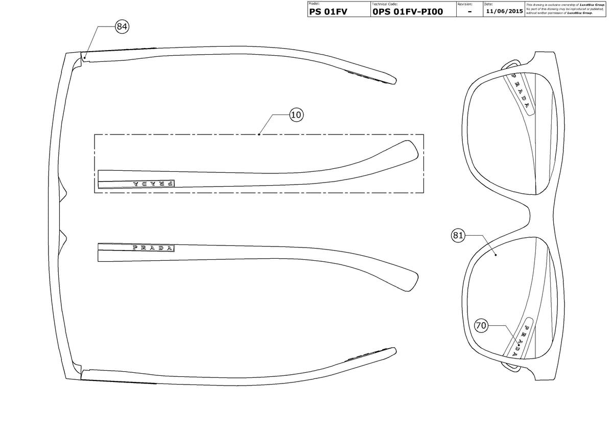 Enlarged technical drawing of the Prada Linea Rossa PS 01FV Glasses Replacement Parts