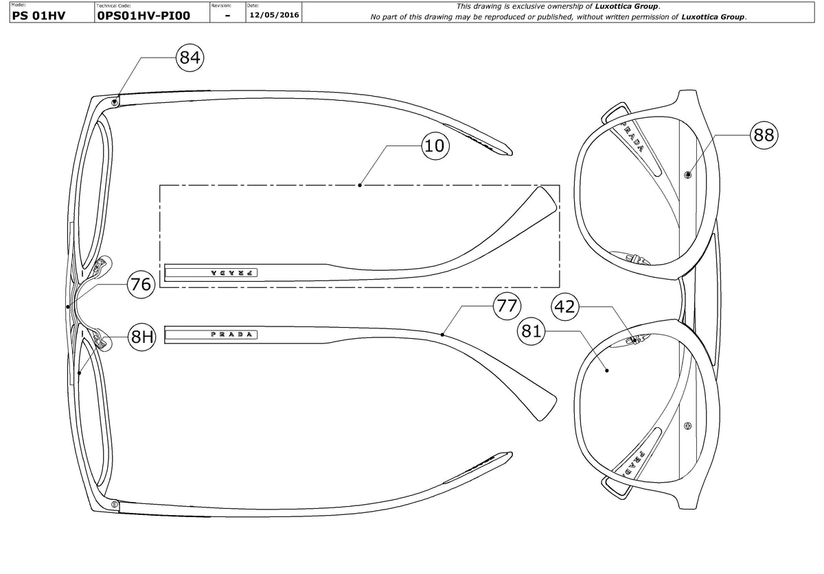 Exploded technical drawing of the Prada Linea Rossa PS 01HV Glasses Replacement Parts, with each replacement part numbered