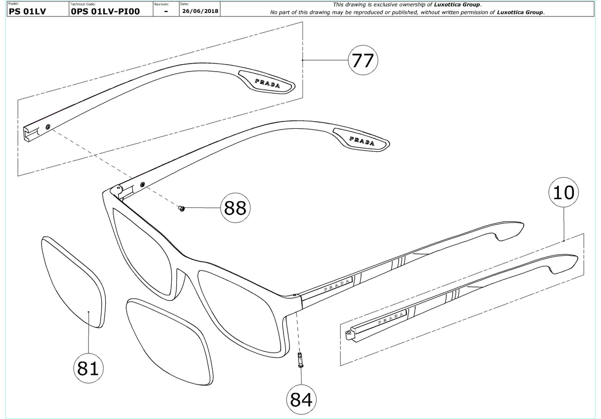 Enlarged technical drawing of the Prada Linea Rossa PS 01LV Glasses Replacement Parts