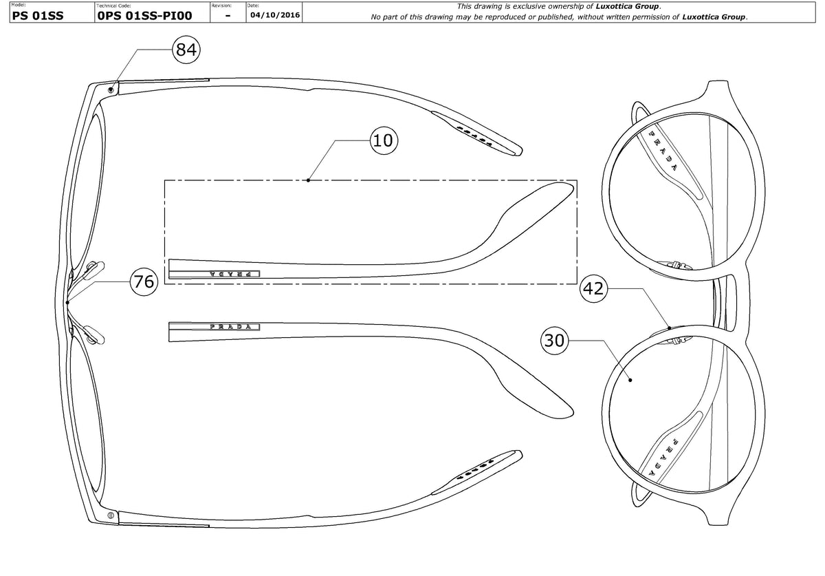 Exploded technical drawing of the Prada Linea Rossa PS 01SS Replacement Parts, with each replacement part numbered
