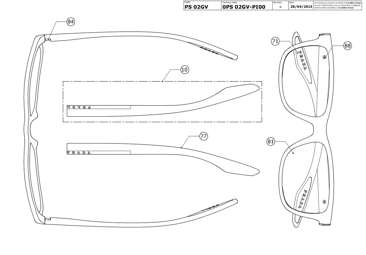 Enlarged technical drawing of the Prada Linea Rossa PS 02GV Glasses Replacement Parts