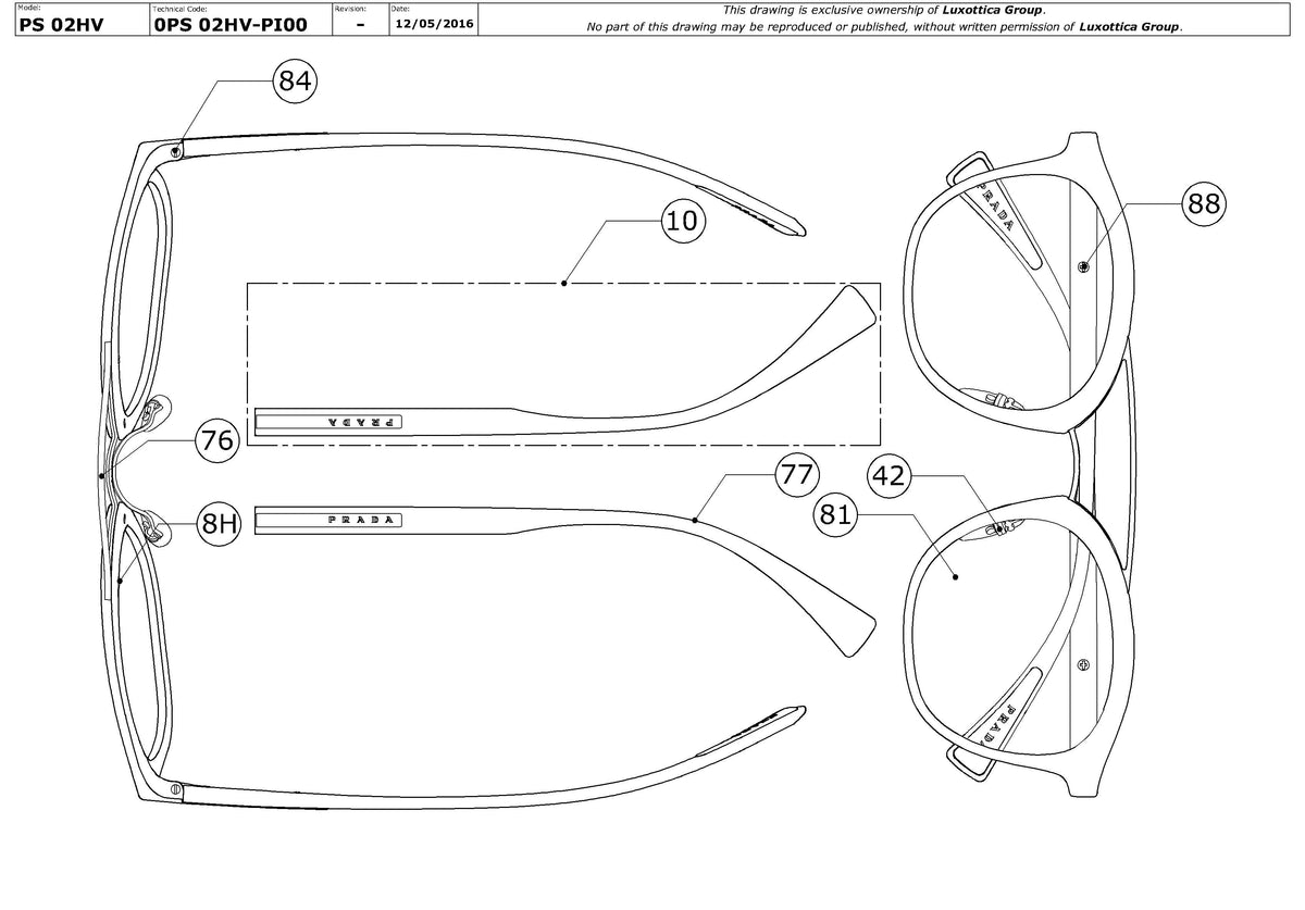 Exploded technical drawing of the Prada Linea Rossa PS 02HV Glasses Replacement Parts, with each replacement part numbered