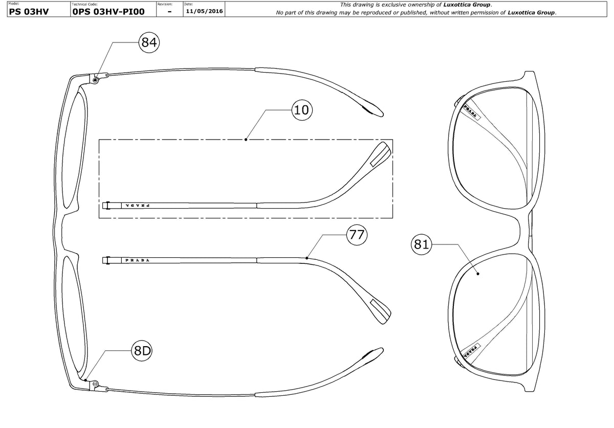 Exploded technical drawing of the Prada Linea Rossa PS 03HV Glasses Replacement Parts, with each replacement part numbered