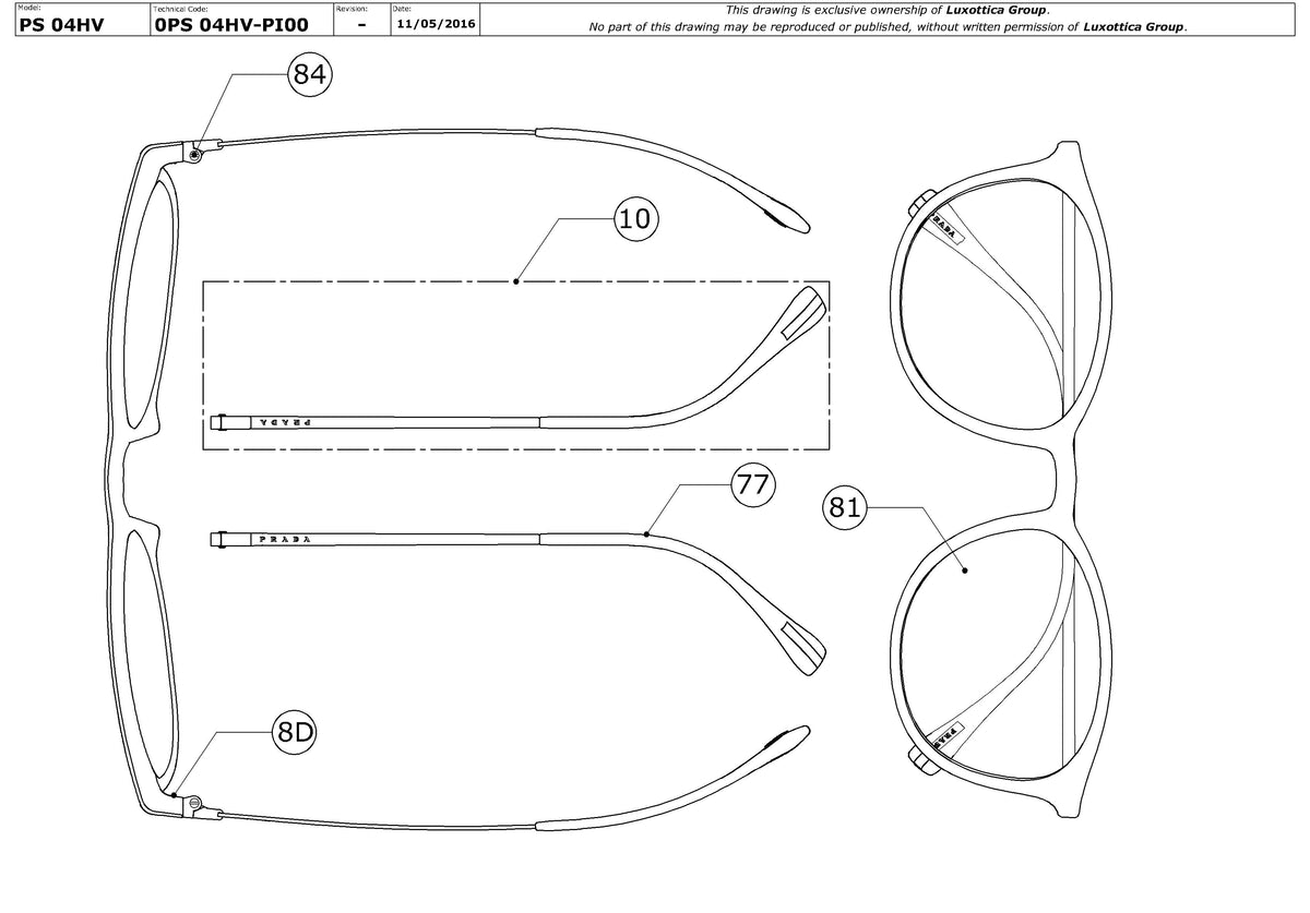 Enlarged technical drawing of the Prada Linea Rossa PS 04HV Glasses Replacement Parts