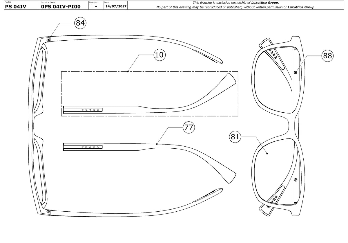 Enlarged technical drawing of the Prada Linea Rossa PS 04IV Glasses Replacement Parts
