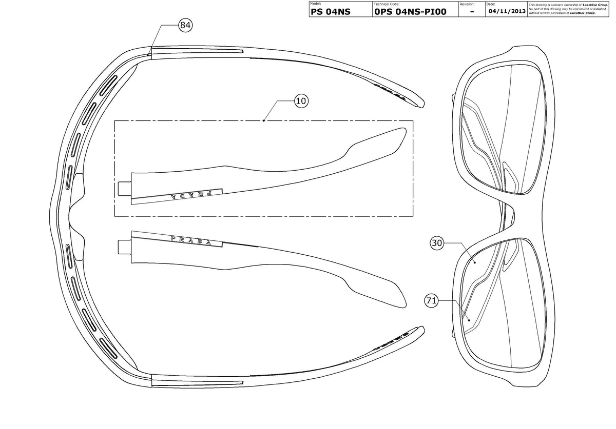 Enlarged technical drawing of the Prada Linea Rossa PS 04NS Replacement Parts