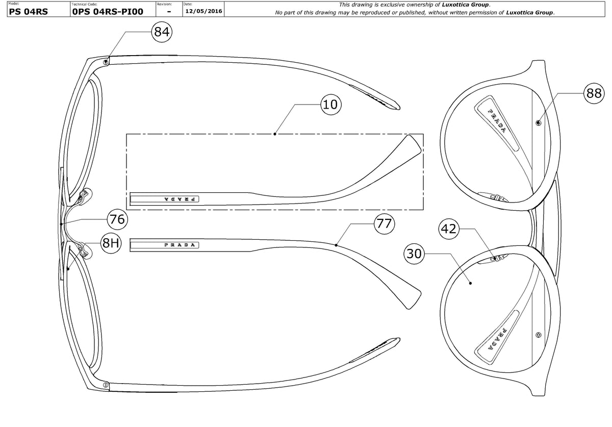Exploded technical drawing of the Prada Linea Rossa PS 04RS Replacement Parts, with each replacement part numbered