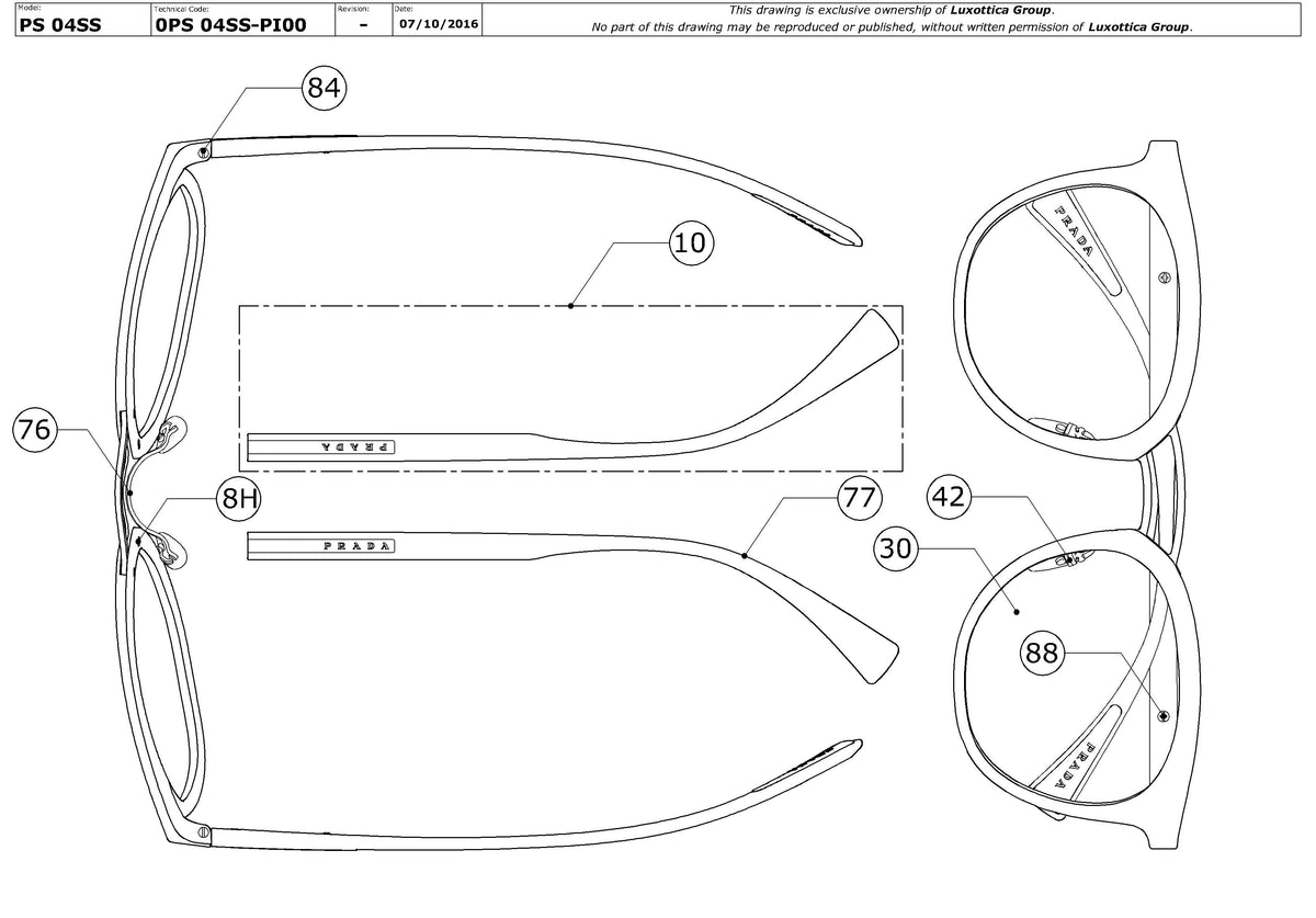 Exploded technical drawing of the Prada Linea Rossa PS 04SS Replacement Parts, with each replacement part numbered