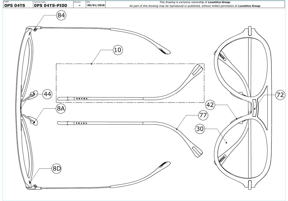 Enlarged technical drawing of the Prada Linea Rossa PS 04TS Replacement Parts
