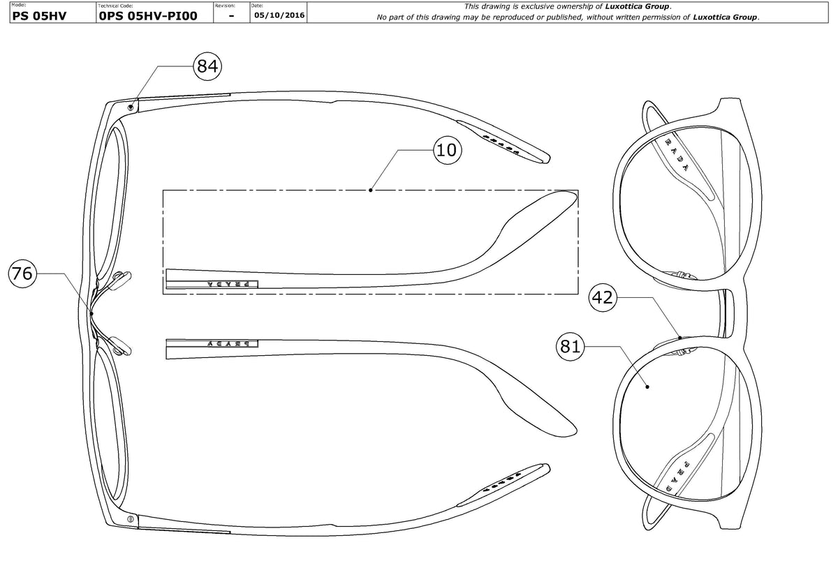 Enlarged technical drawing of the Prada Linea Rossa PS 05HV Glasses Replacement Parts