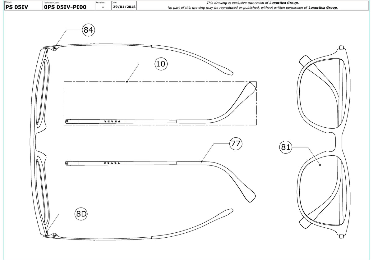 Enlarged technical drawing of the Prada Linea Rossa PS 05IV Glasses Replacement Parts