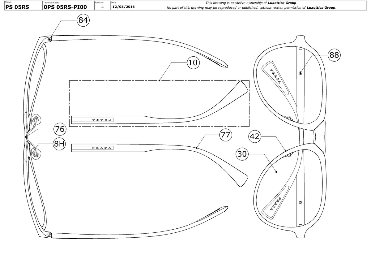 Enlarged technical drawing of the Prada Linea Rossa PS 05RS Replacement Parts