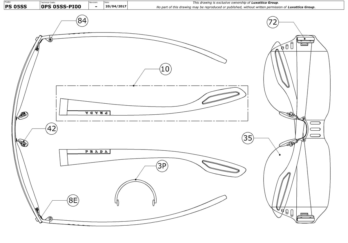 Exploded technical drawing of the Prada Linea Rossa PS 05SS Replacement Parts, with each replacement part numbered