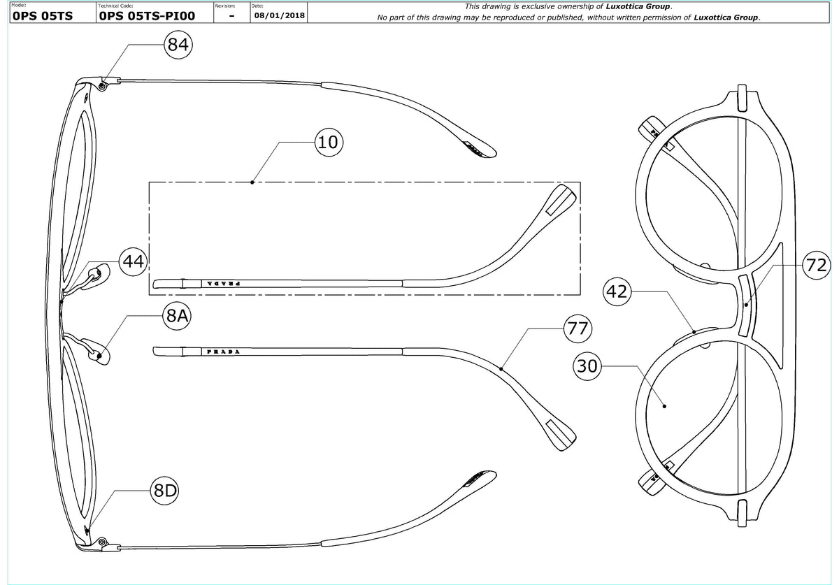 Enlarged technical drawing of the Prada Linea Rossa PS 05TS Replacement Parts