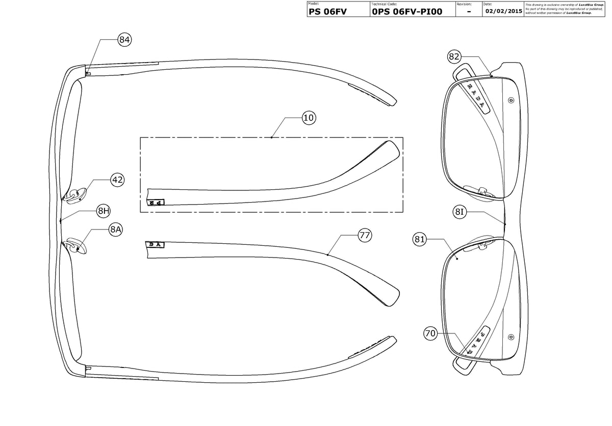 Enlarged technical drawing of the Prada Linea Rossa PS 06FV Glasses Replacement Parts