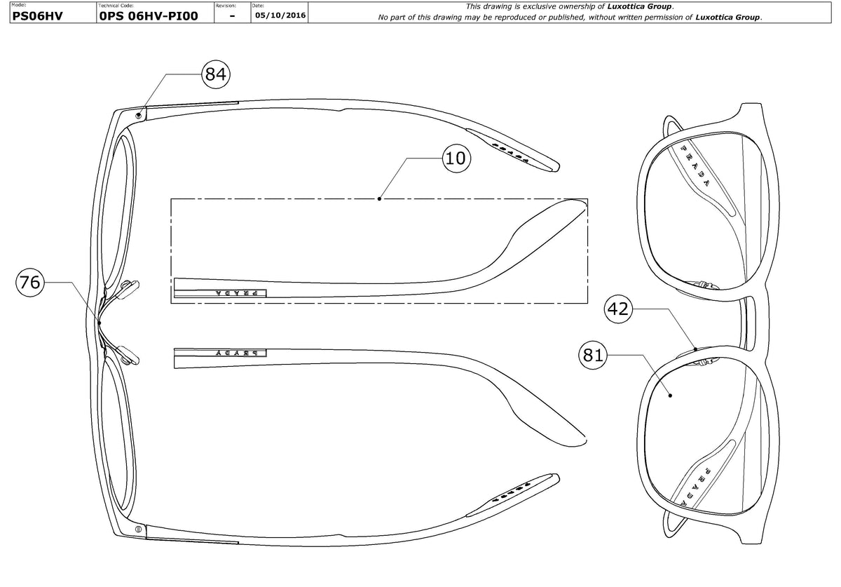 Exploded technical drawing of the Prada Linea Rossa PS 06HV Glasses Replacement Parts, with each replacement part numbered