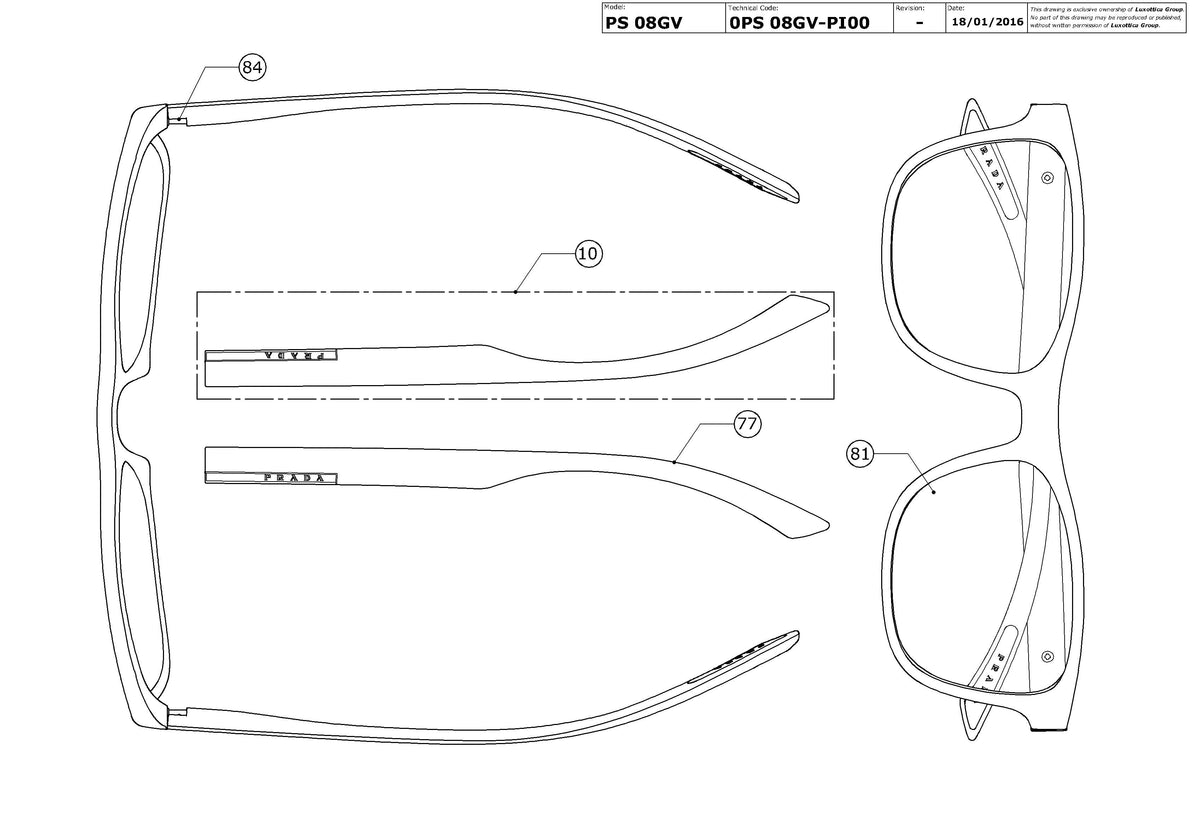 Enlarged technical drawing of the Prada Linea Rossa PS 08GV Glasses Replacement Parts