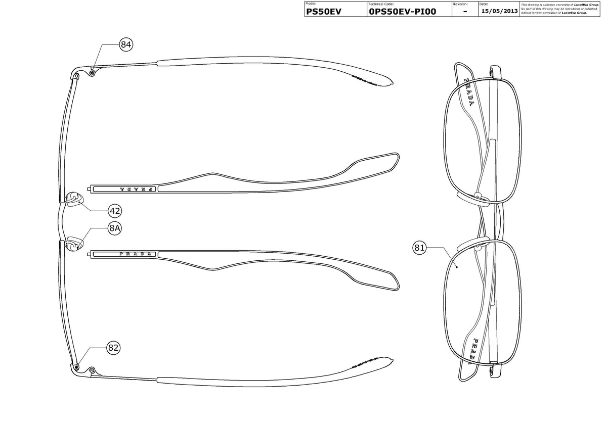 Enlarged technical drawing of the Prada Linea Rossa PS 50EV Glasses Replacement Parts