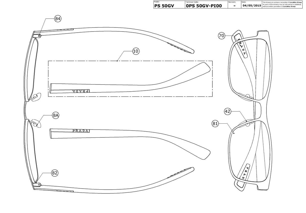 Enlarged technical drawing of the Prada Linea Rossa PS 50GV Glasses Replacement Parts