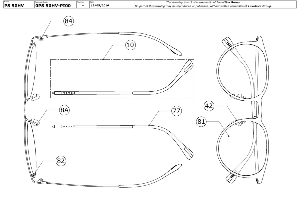 Enlarged technical drawing of the Prada Linea Rossa PS 50HV Glasses Replacement Parts