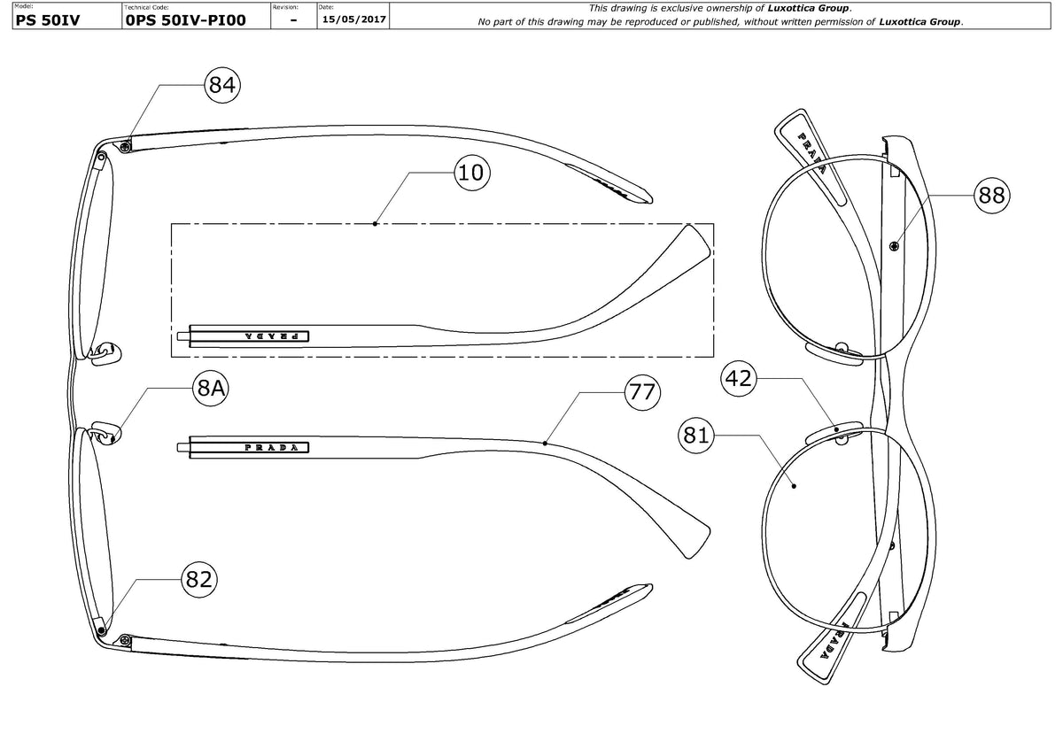 Exploded technical drawing of the Prada Linea Rossa PS 50IV Glasses Replacement Parts, with each replacement part numbered