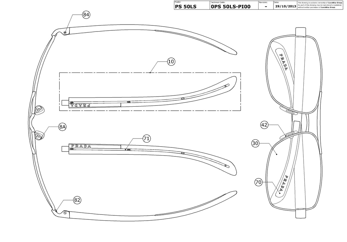Exploded technical drawing of the Prada Linea Rossa PS 50LS Replacement Parts, with each replacement part numbered