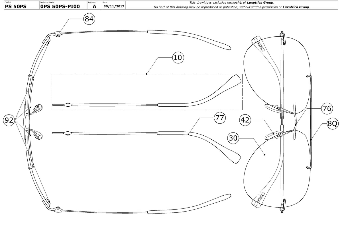 Exploded technical drawing of the Prada Linea Rossa PS 50PS Replacement Parts, with each replacement part numbered