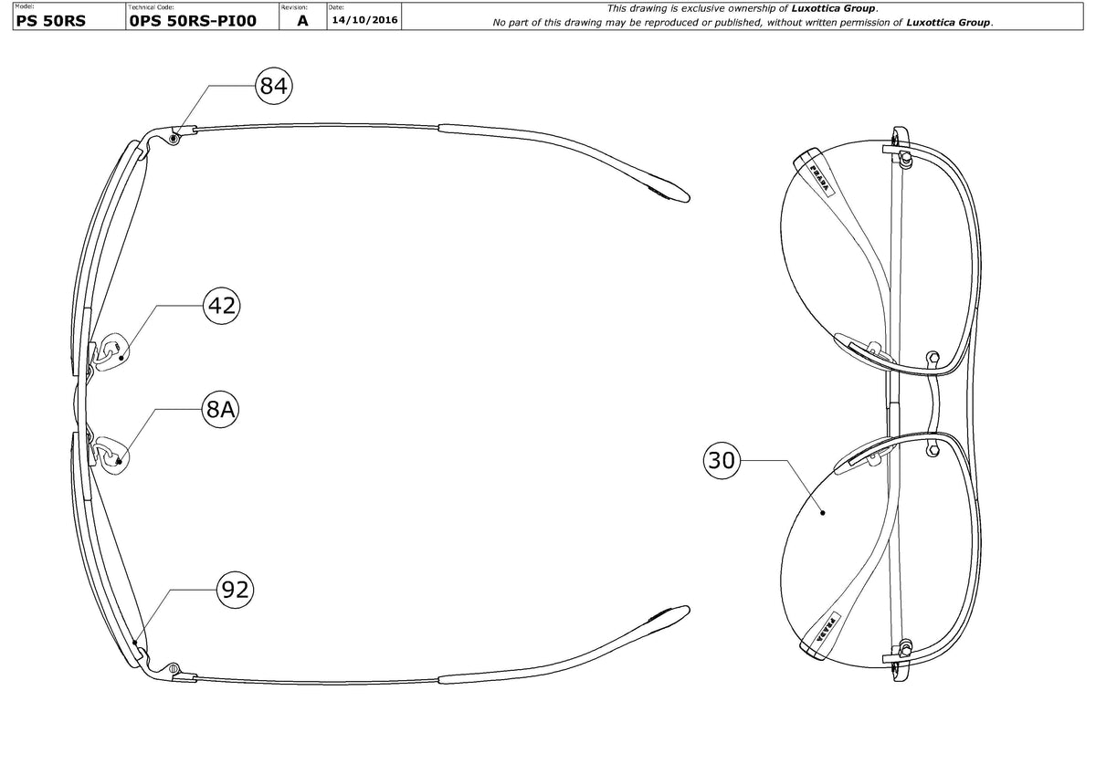 Exploded technical drawing of the Prada Linea Rossa PS 50RS Replacement Parts, with each replacement part numbered