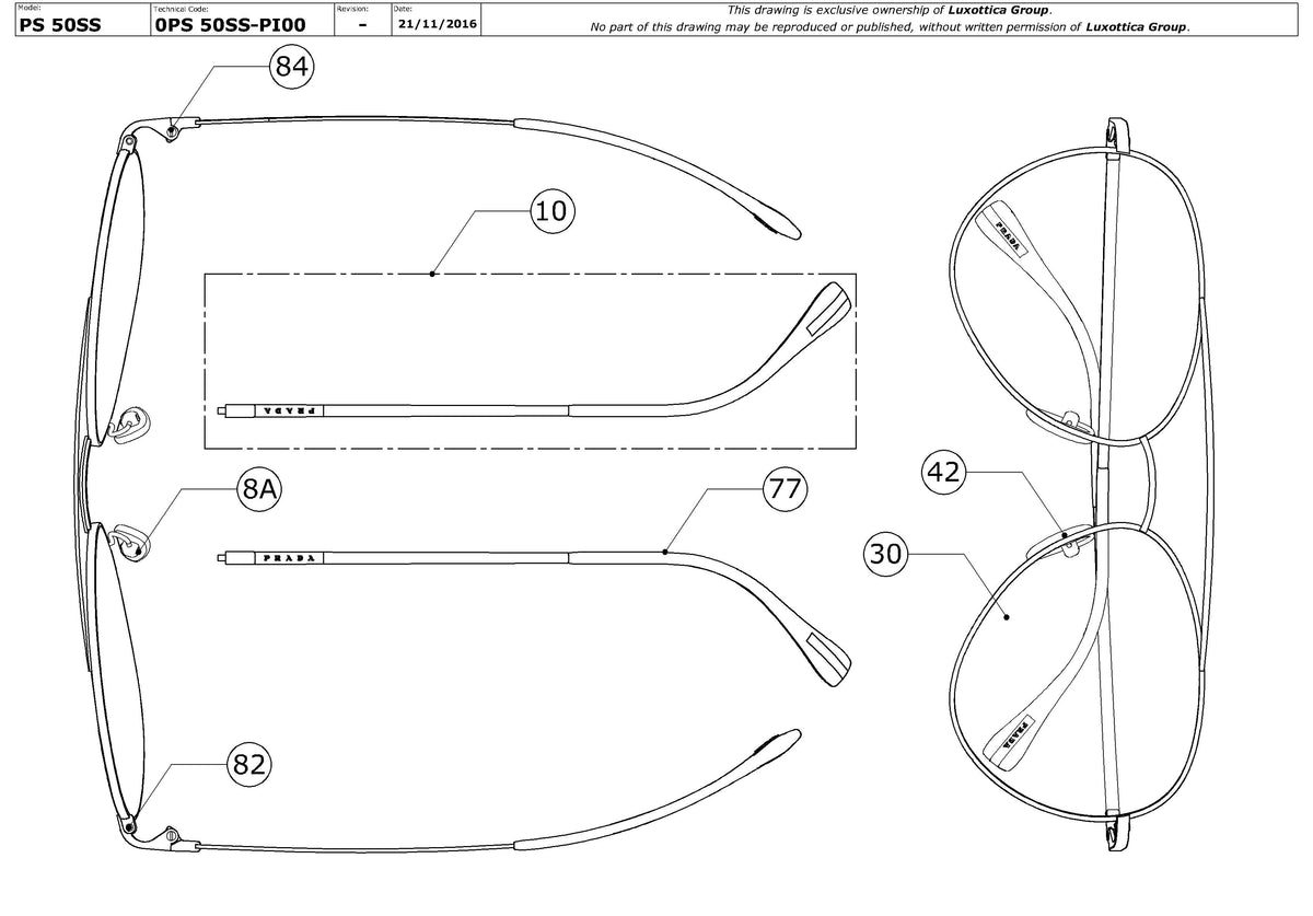 Enlarged technical drawing of the Prada Linea Rossa PS 50SS Replacement Parts
