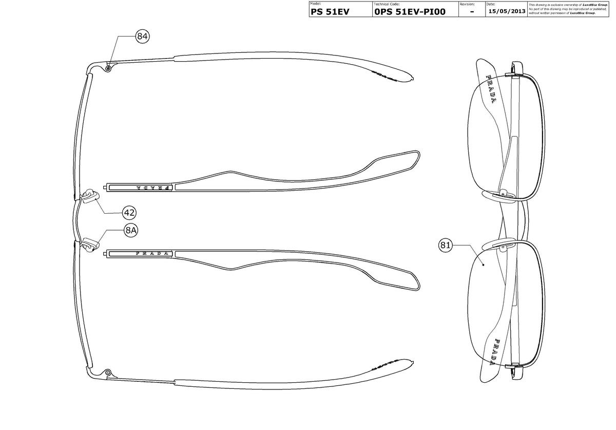 Exploded technical drawing of the Prada Linea Rossa PS 51EV Glasses Replacement Parts, with each replacement part numbered