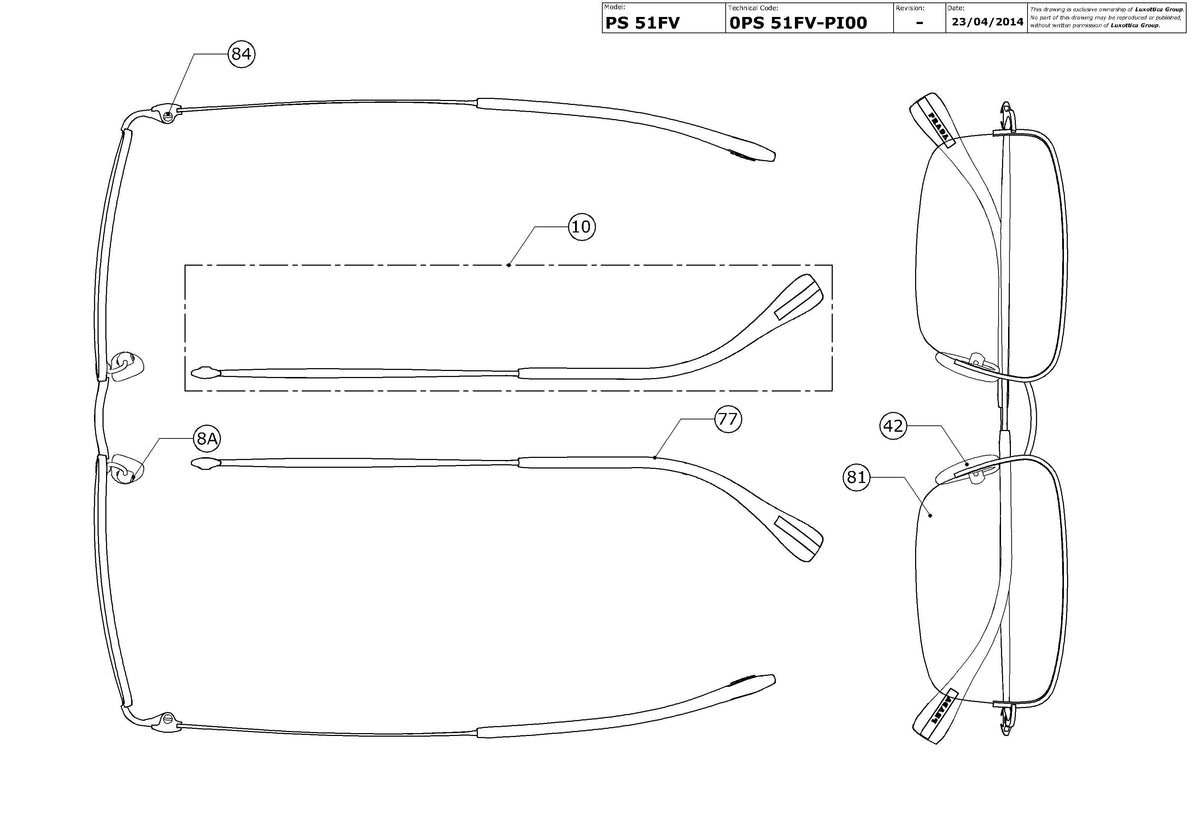 Enlarged technical drawing of the Prada Linea Rossa PS 51FV Glasses Replacement Parts