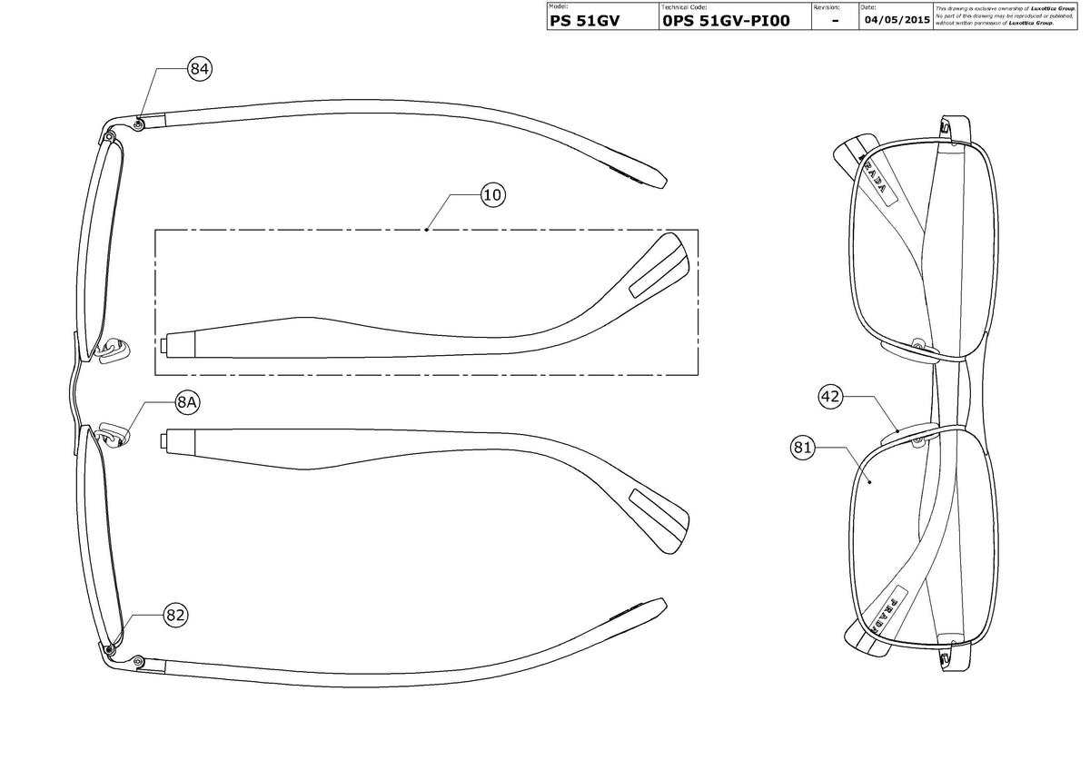Enlarged technical drawing of the Prada Linea Rossa PS 51GV Glasses Replacement Parts