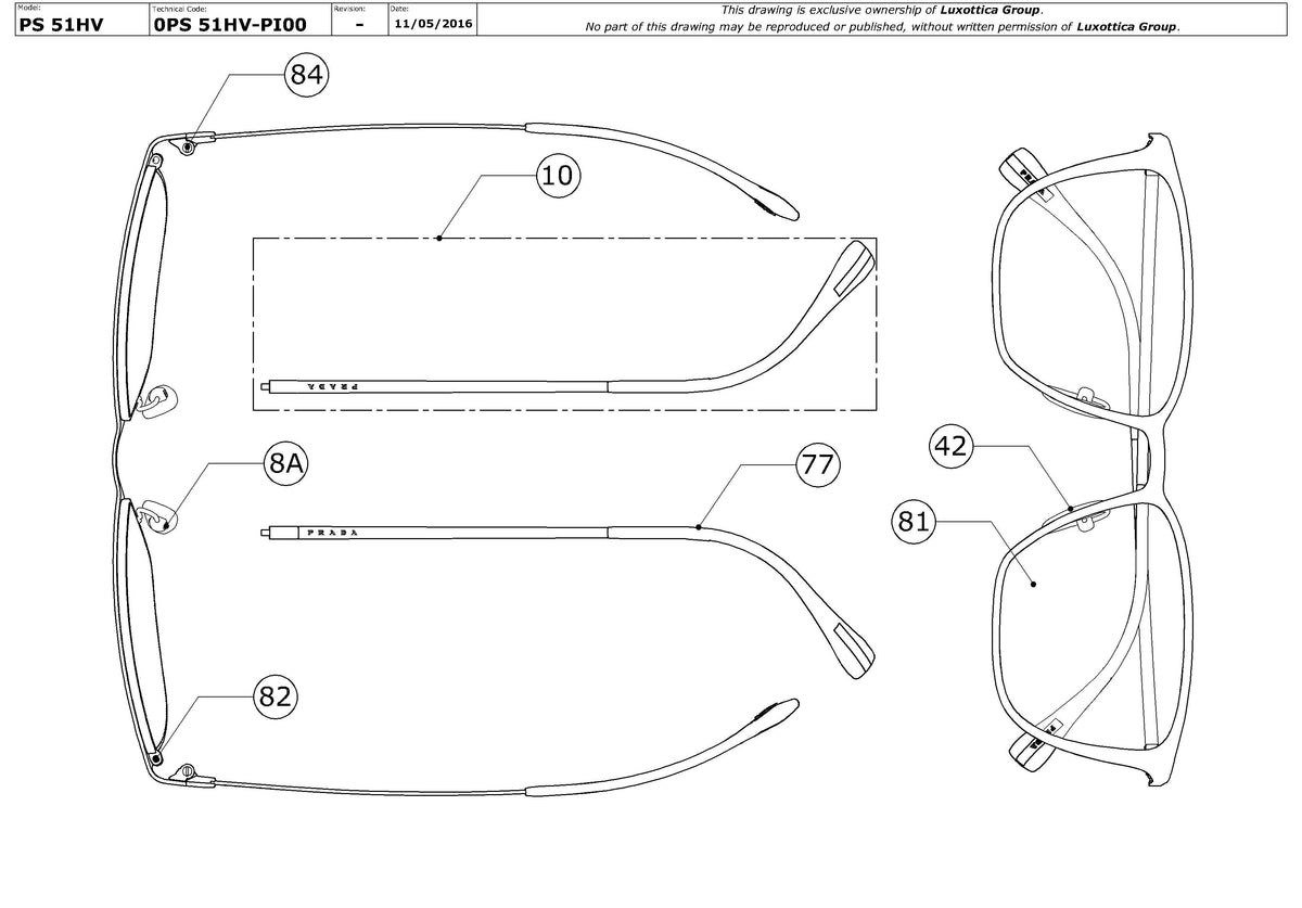Enlarged technical drawing of the Prada Linea Rossa PS 51HV Glasses Replacement Parts
