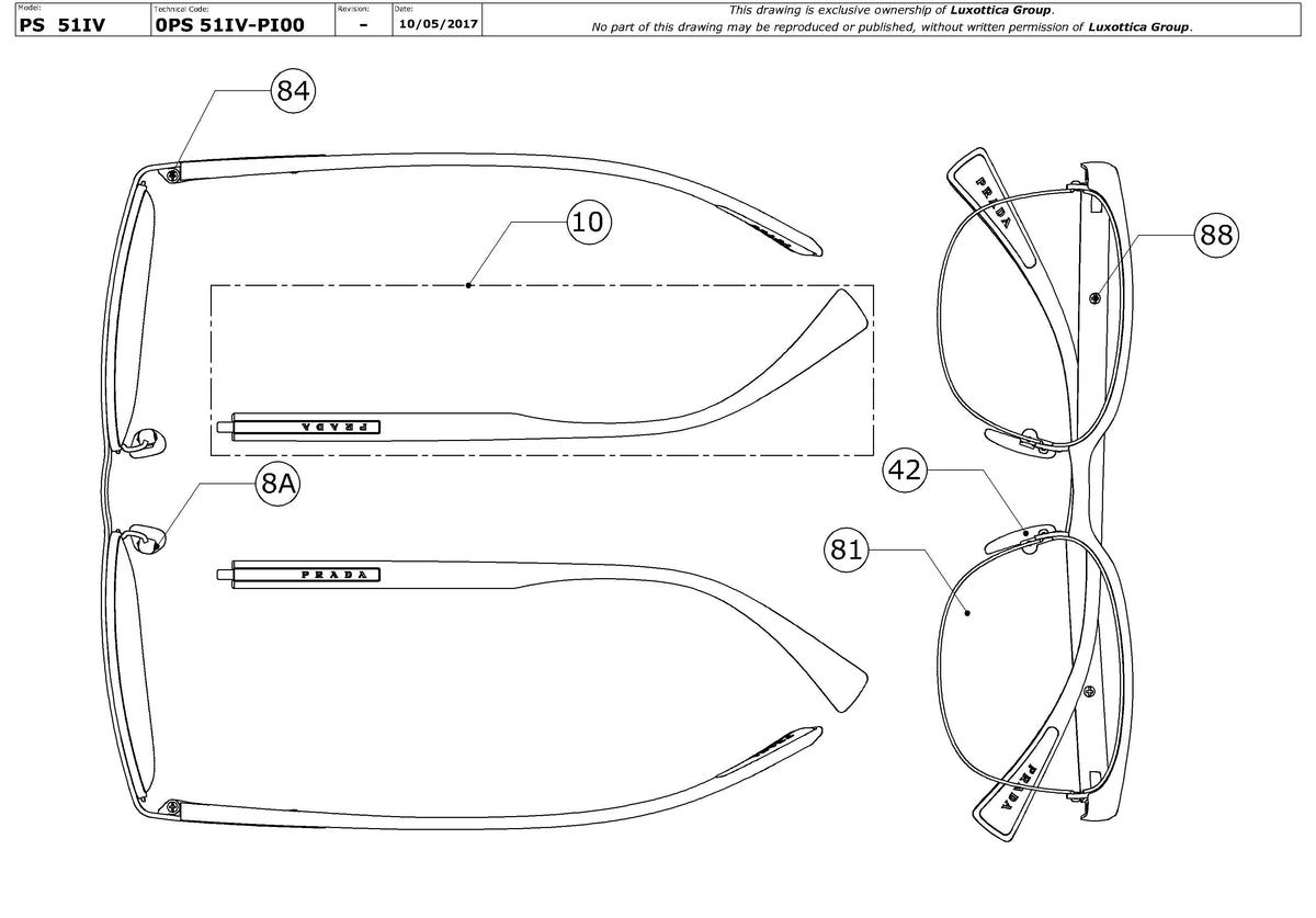 Exploded technical drawing of the Prada Linea Rossa PS 51IV Glasses Replacement Parts, with each replacement part numbered