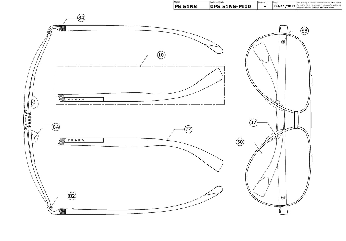 Exploded technical drawing of the Prada Linea Rossa PS 51NS Replacement Parts, with each replacement part numbered
