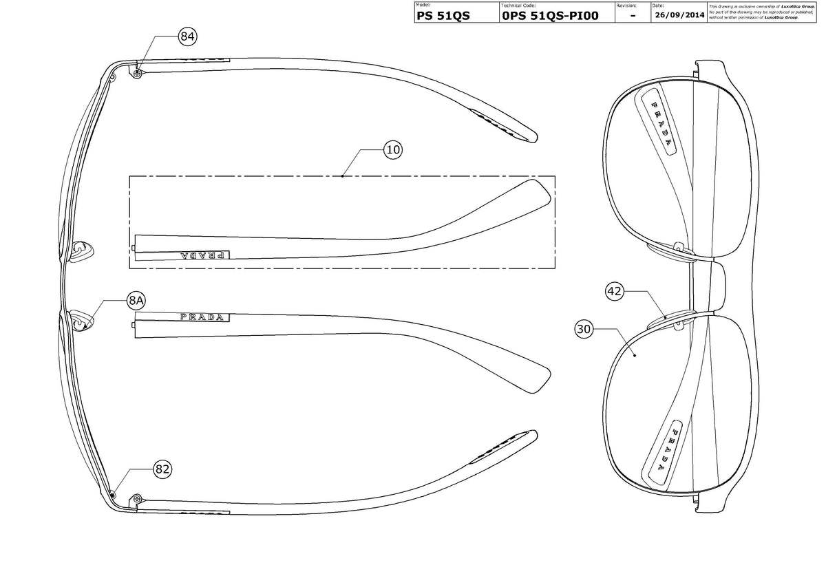 Exploded technical drawing of the Prada Linea Rossa PS 51QS Replacement Parts, with each replacement part numbered