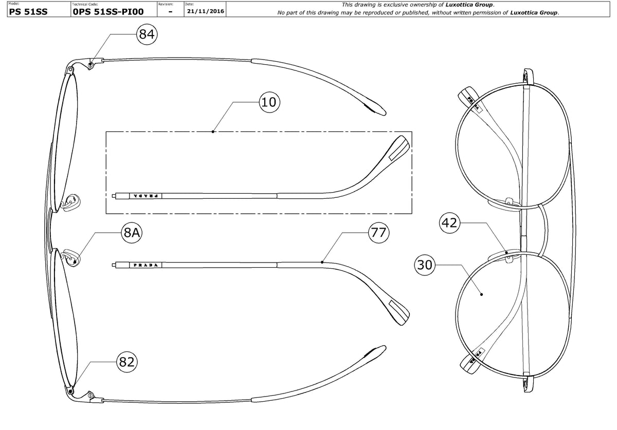 Exploded technical drawing of the Prada Linea Rossa PS 51SS Replacement Parts, with each replacement part numbered
