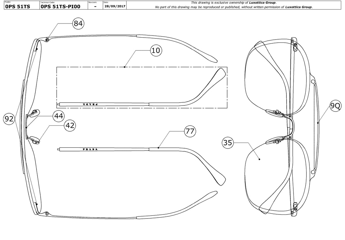 Exploded technical drawing of the Prada Linea Rossa PS 51TS Replacement Parts, with each replacement part numbered