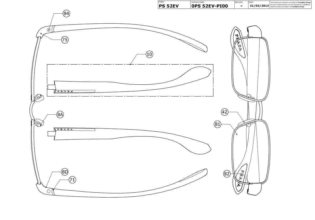 Enlarged technical drawing of the Prada Linea Rossa PS 52EV Glasses Replacement Parts