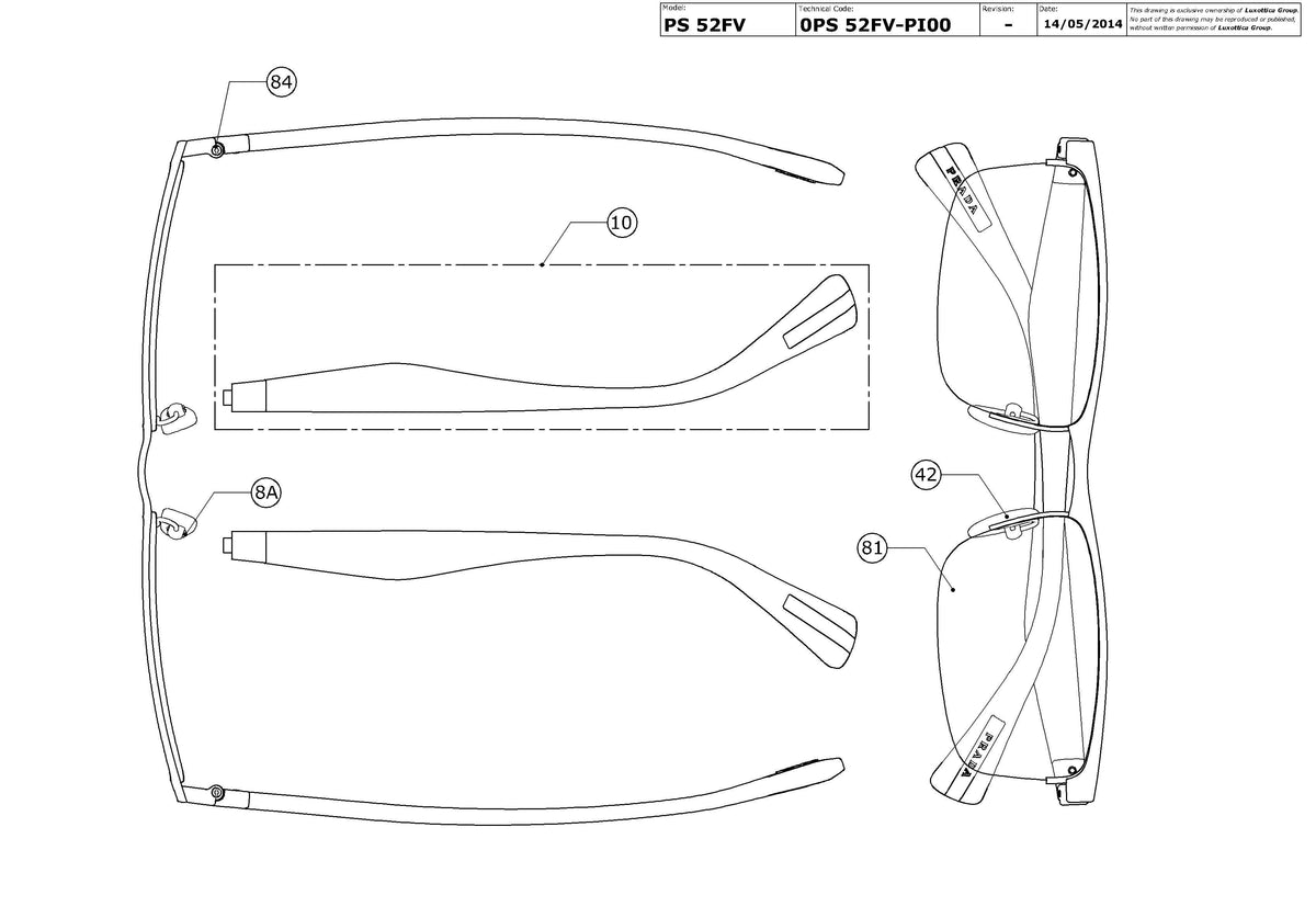 Exploded technical drawing of the Prada Linea Rossa PS 52FV Glasses Replacement Parts, with each replacement part numbered