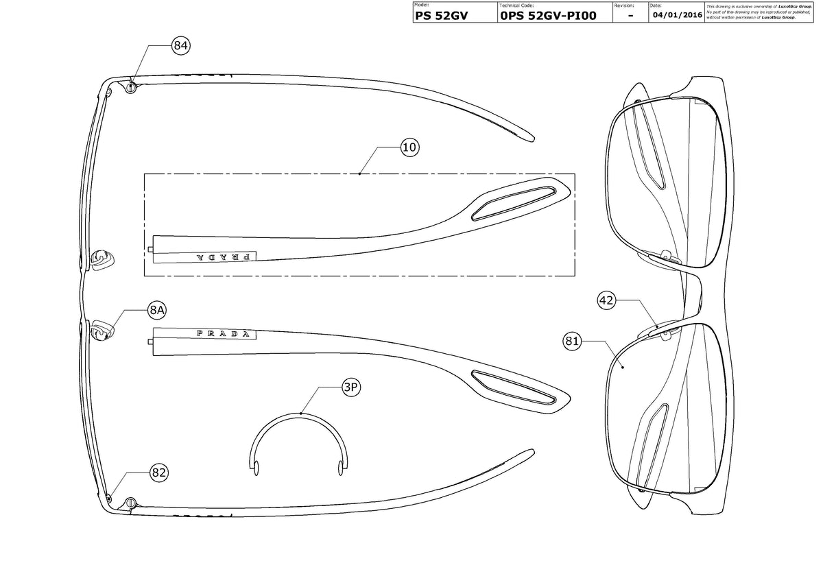 Enlarged technical drawing of the Prada Linea Rossa PS 52GV Glasses Replacement Parts