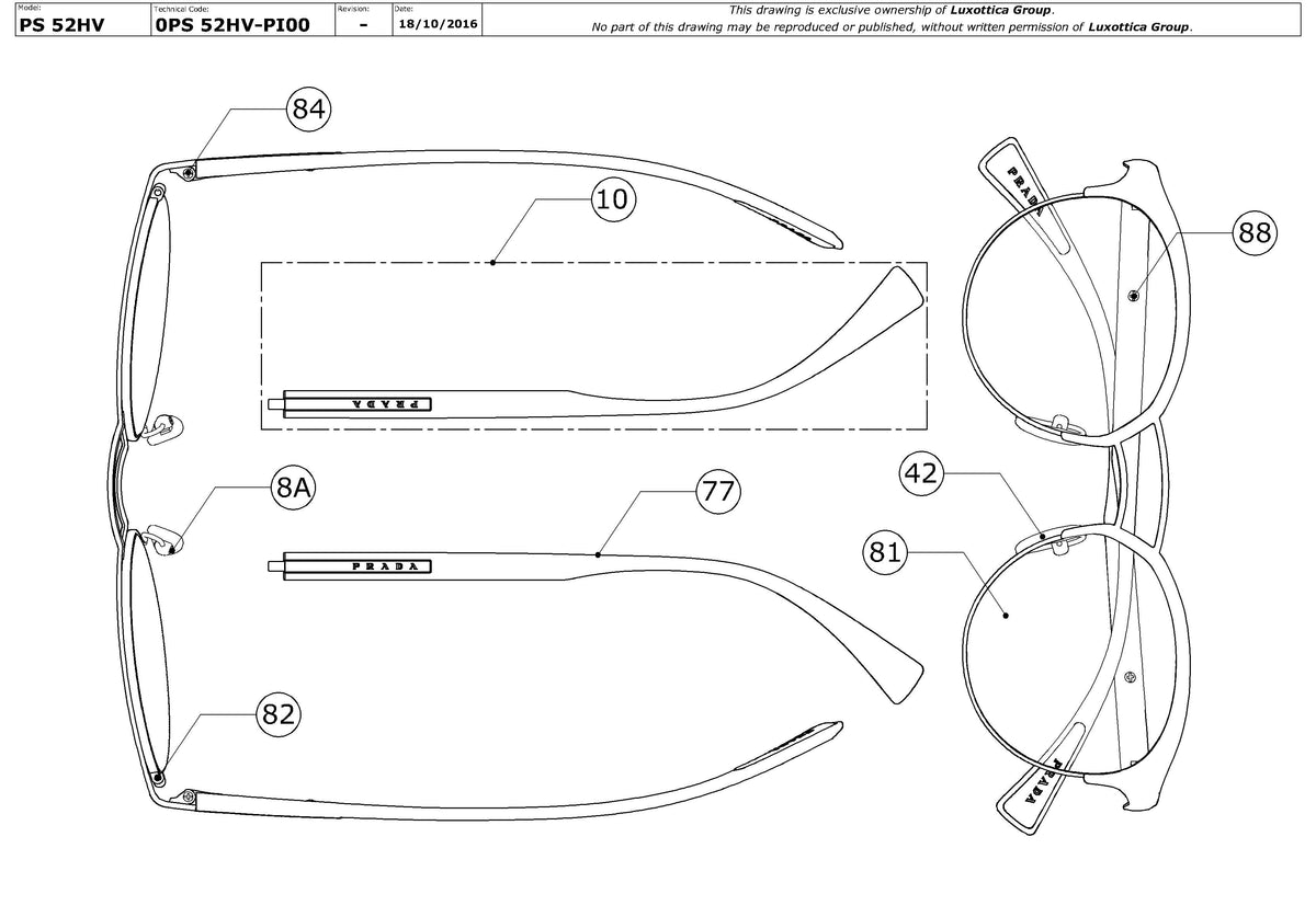 Enlarged technical drawing of the Prada Linea Rossa PS 52HV Glasses Replacement Parts