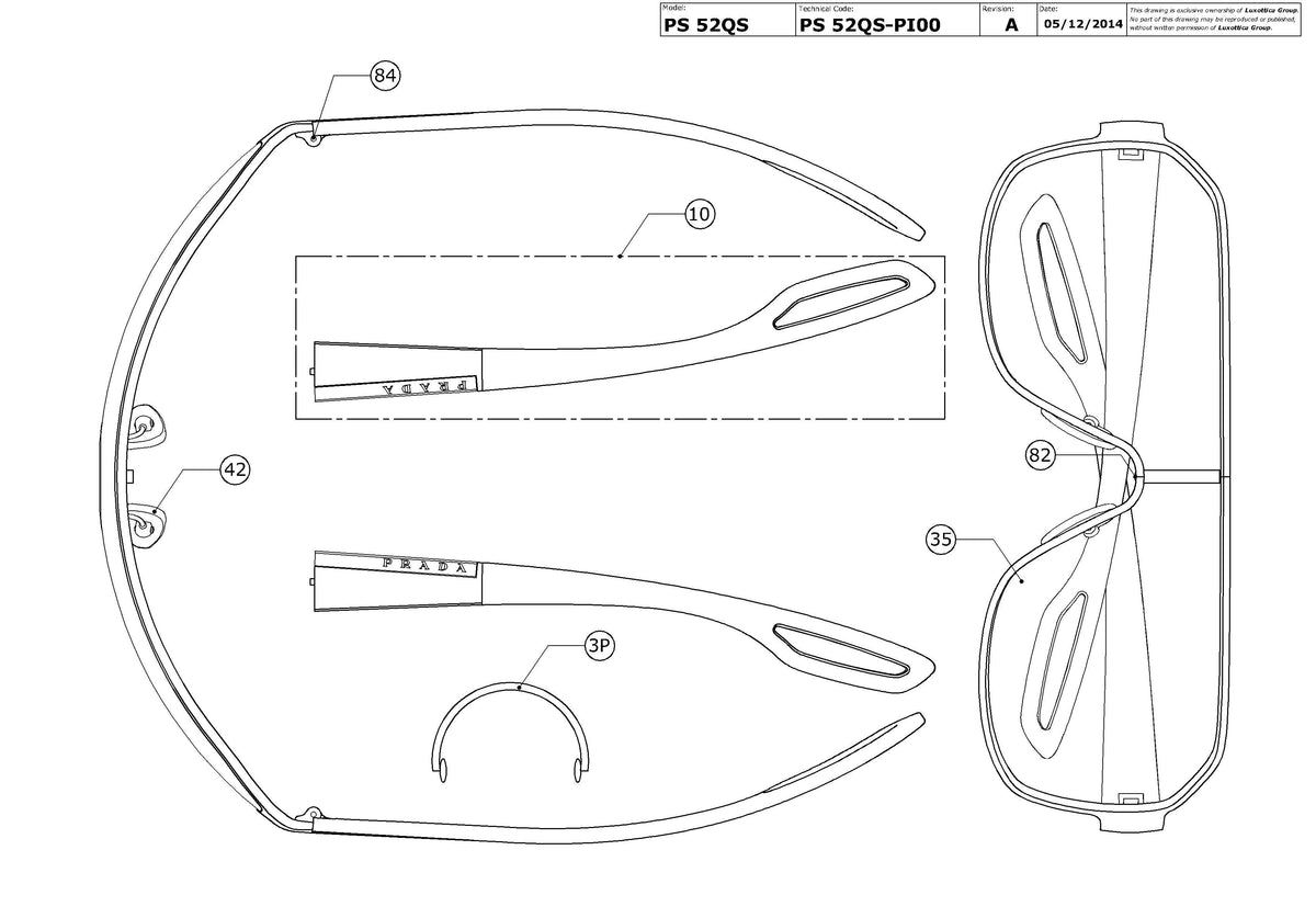 Exploded technical drawing of the Prada Linea Rossa PS 52QS Replacement Parts, with each replacement part numbered