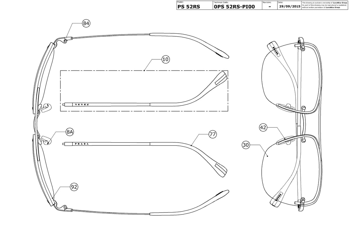 Exploded technical drawing of the Prada Linea Rossa PS 52RS Replacement Parts, with each replacement part numbered