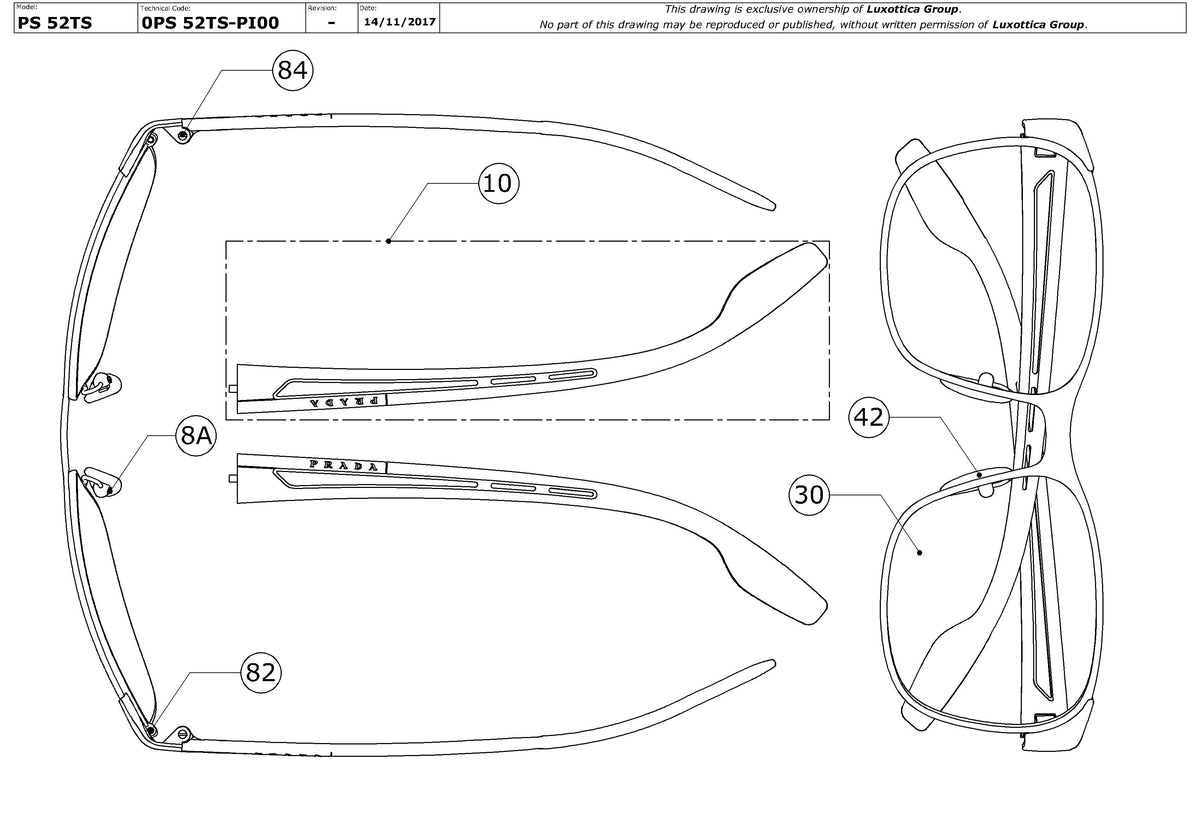 Exploded technical drawing of the Prada Linea Rossa PS 52TS Replacement Parts, with each replacement part numbered